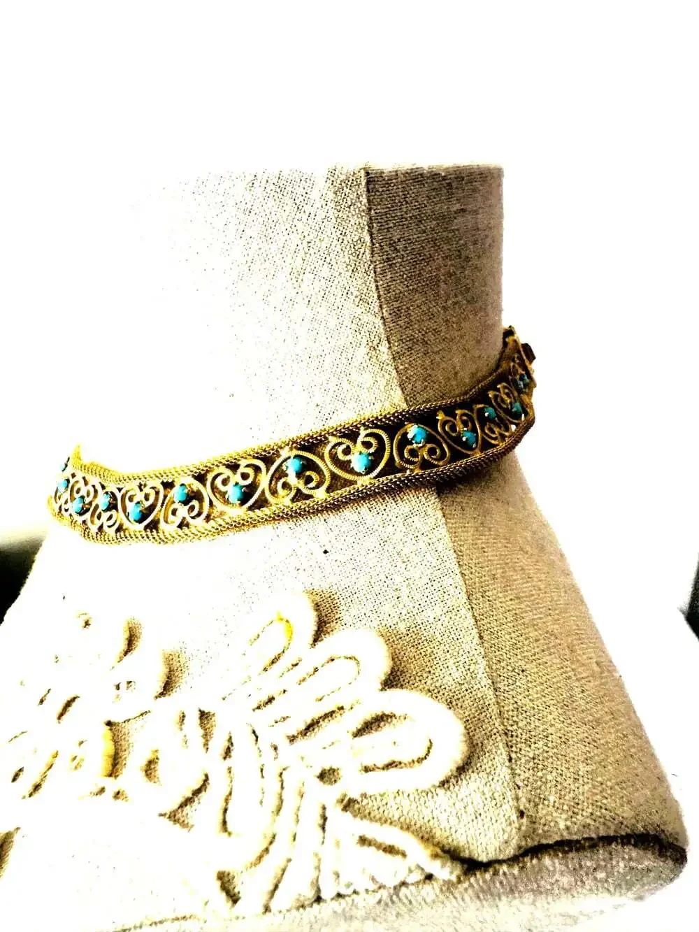 Vintage Gold Toned Filigree Choker with Turquoise-Colored Cabochon, 15 1/2 inch